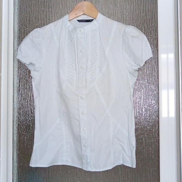 Mastina Tops - Ptp17" Cotton Aqua-blue Short Puff Sleeve Button Blouse with Pleated Details